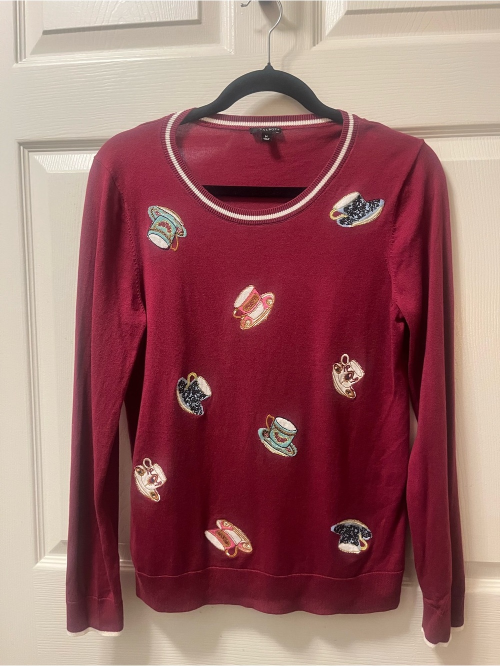 Talbots Women’s Medium Burgundy Tea Cup Embroidered Novelty Sweater Long Sleeve - Picture 2 of 11